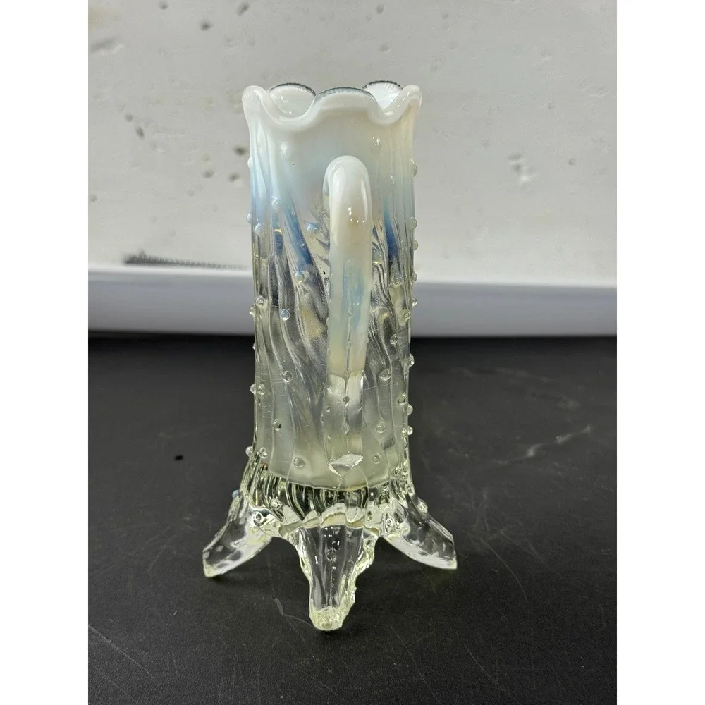 Northwood White Opalescent‎ Tree Trunk Glass Vase with Handle Antique EAPG 6.5